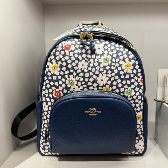Coach Court Backpack With Floral Print CBM23 Gold/Deep Blue Multi - Picture 1 of 7